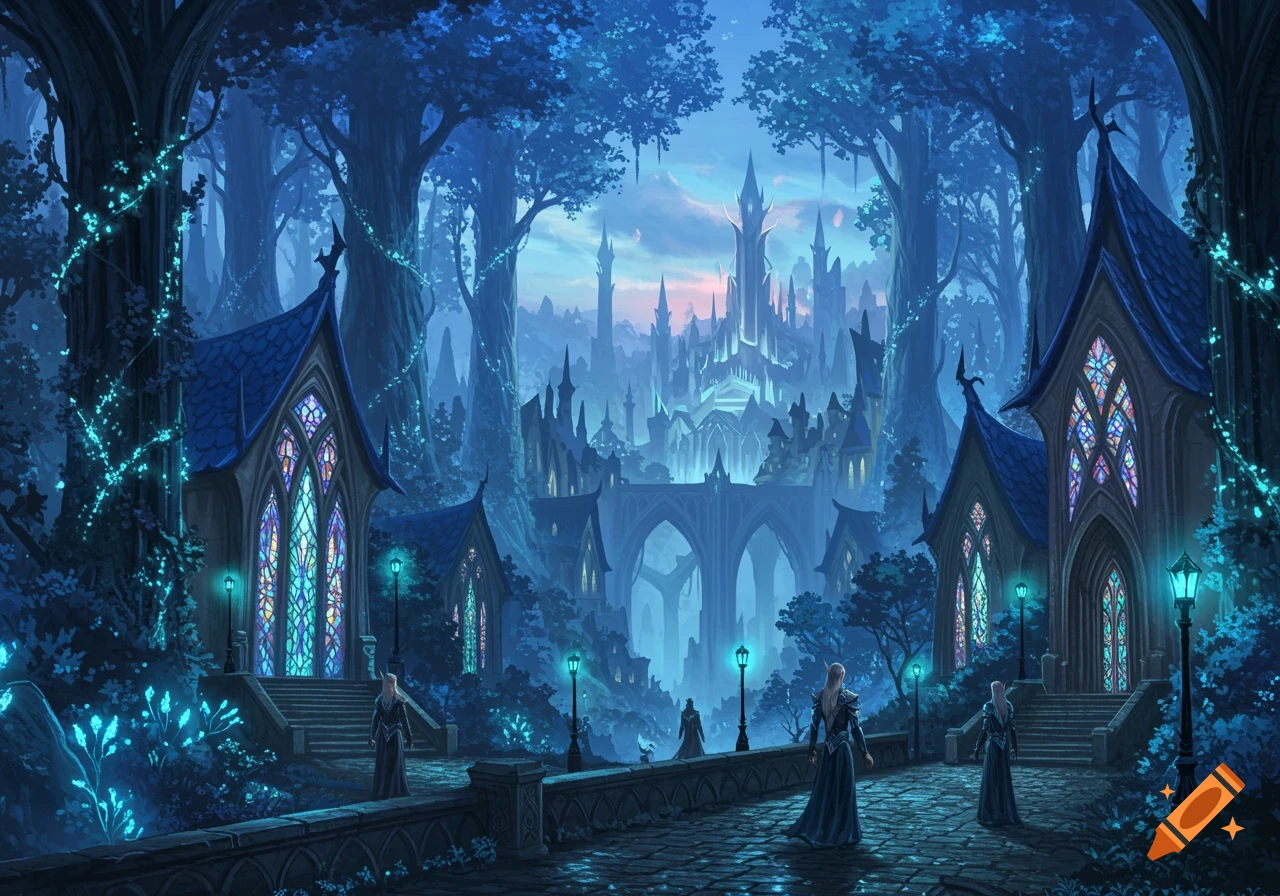 A fantasy cityscape with gothic elven architecture, blue glowing trees, and robed figures on a path under a twilight sky.