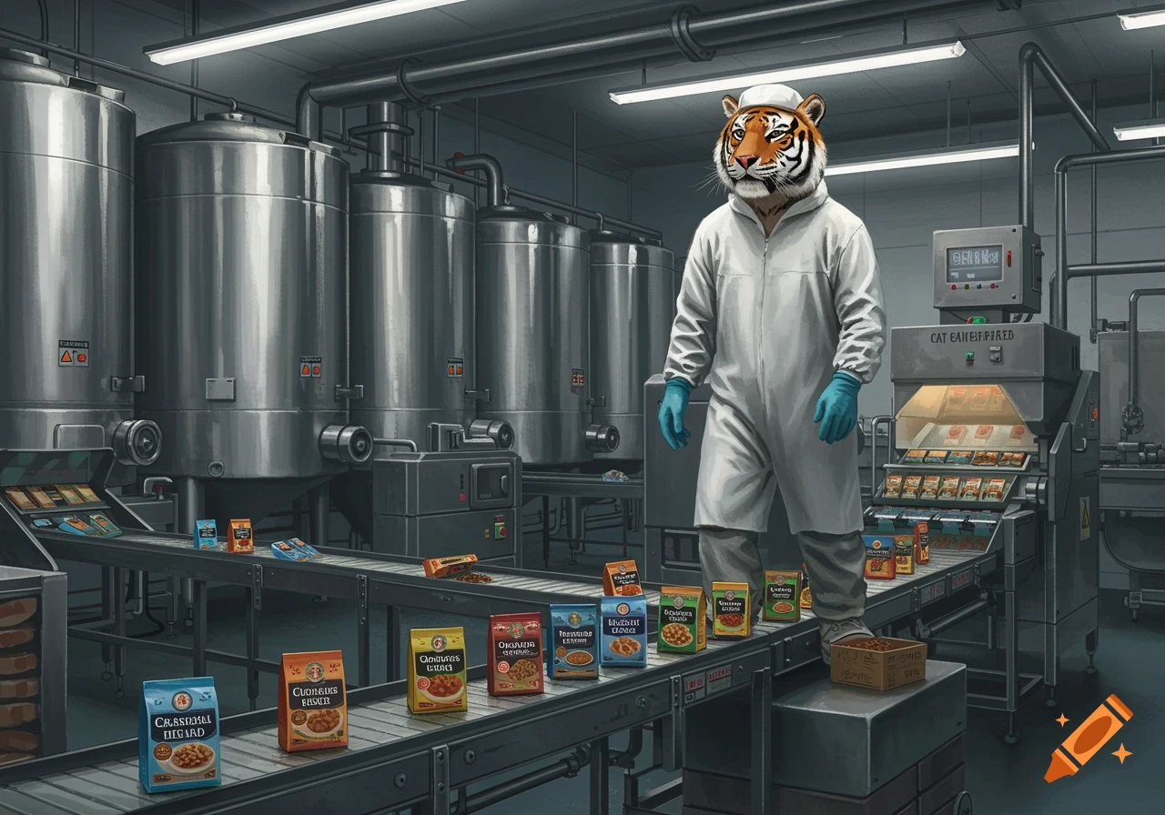 A tiger in a white food safety suit and blue gloves stands next to a conveyor belt with packaged cat food in a gray factory.