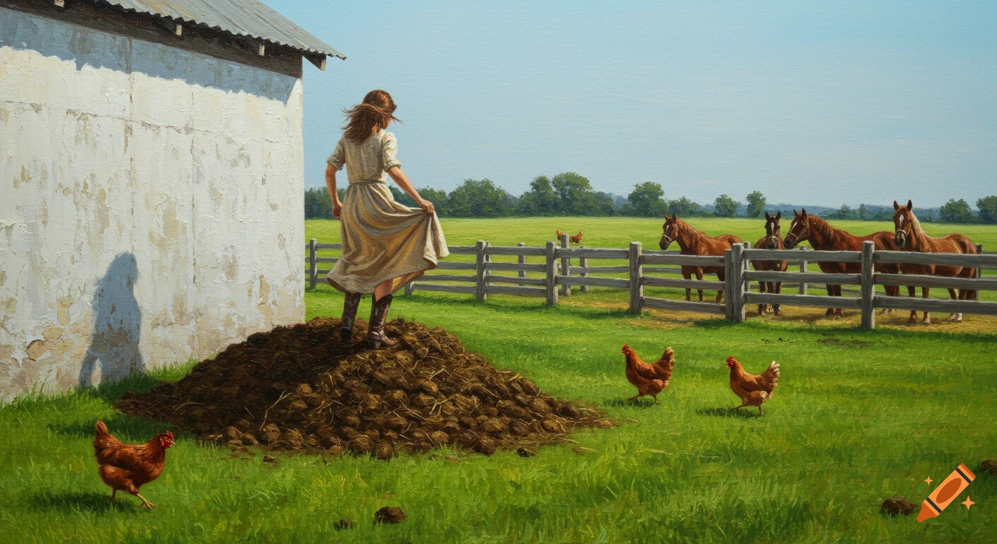 A woman in a long dress and boots stands on a manure pile near a barn, looking at horses in a fenced field with chickens in the foreground. Oil painting style.