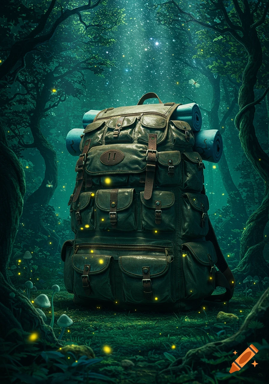 A large, detailed backpack with many pockets sits on the glowing forest floor at night, surrounded by magical fireflies and ethereal light.