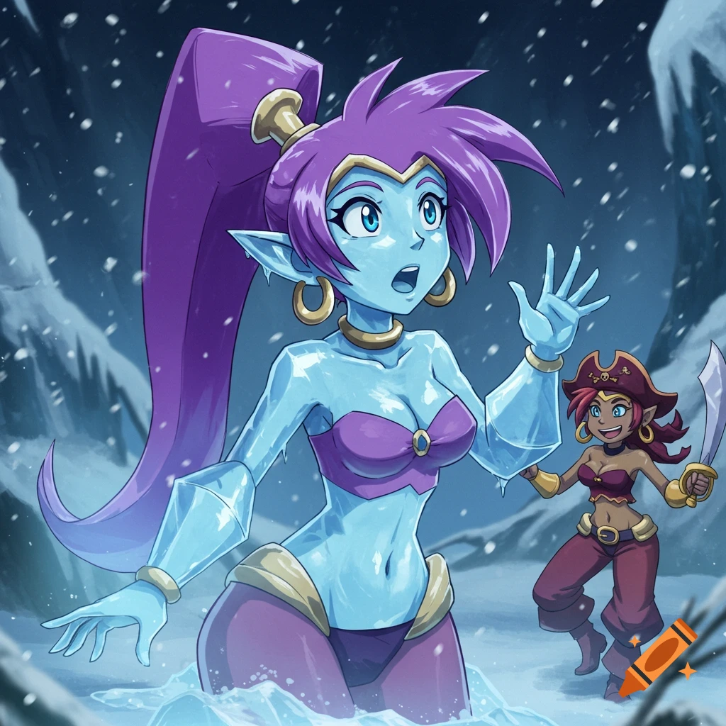 Shantae, frozen in ice with a surprised look, stands in a snowy cave as Risky Boots taunts her, holding a sword.