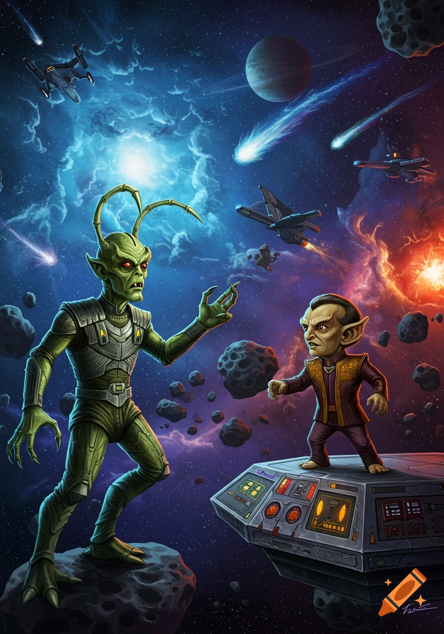 A large green alien with antennae confronts a small, bald alien on a platform in deep space, surrounded by planets, comets, and spaceships.