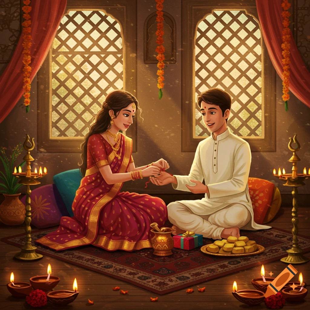 A woman in a red saree tying a rakhi on a man's wrist in a decorated room, celebrating Raksha Bandhan.