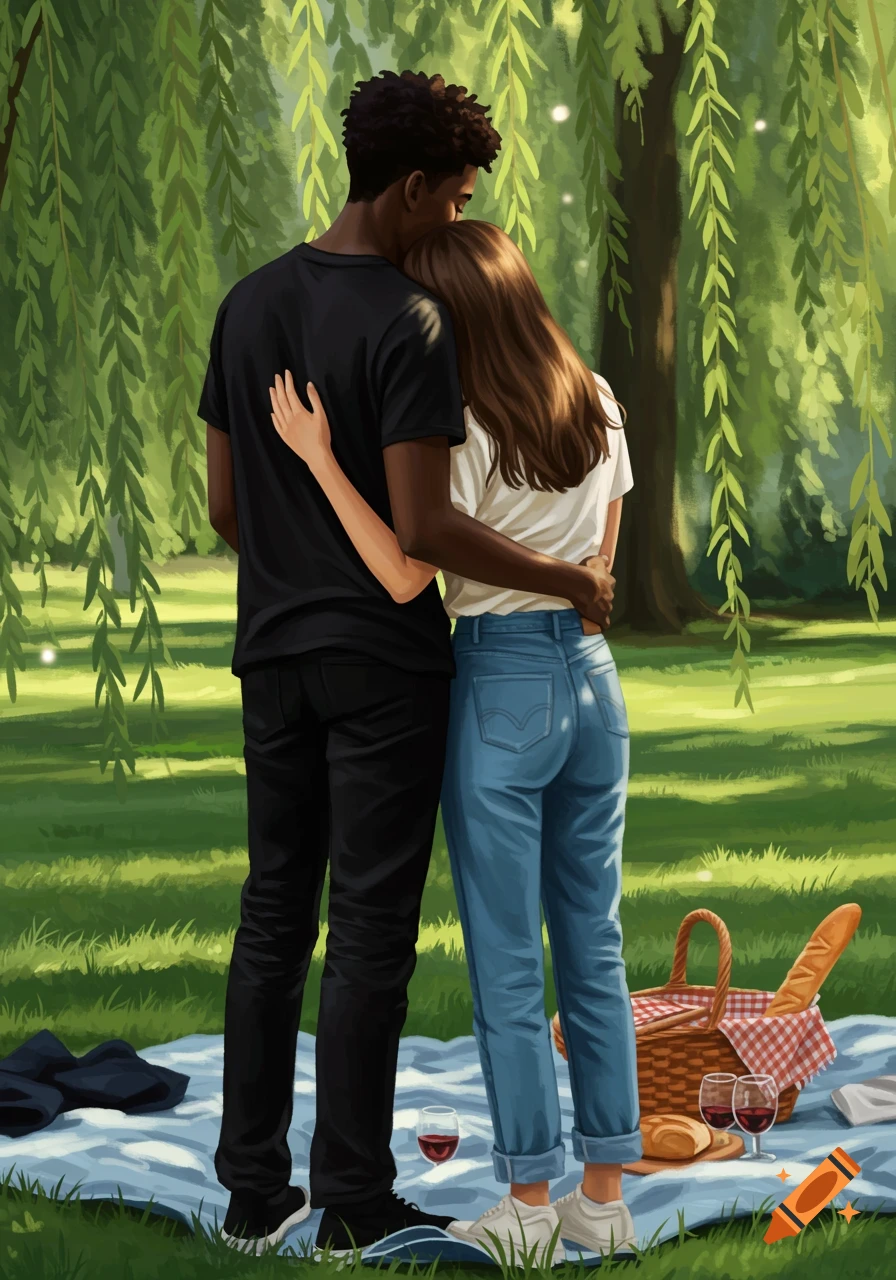 Illustrated young couple embracing under weeping willow trees during a picnic.