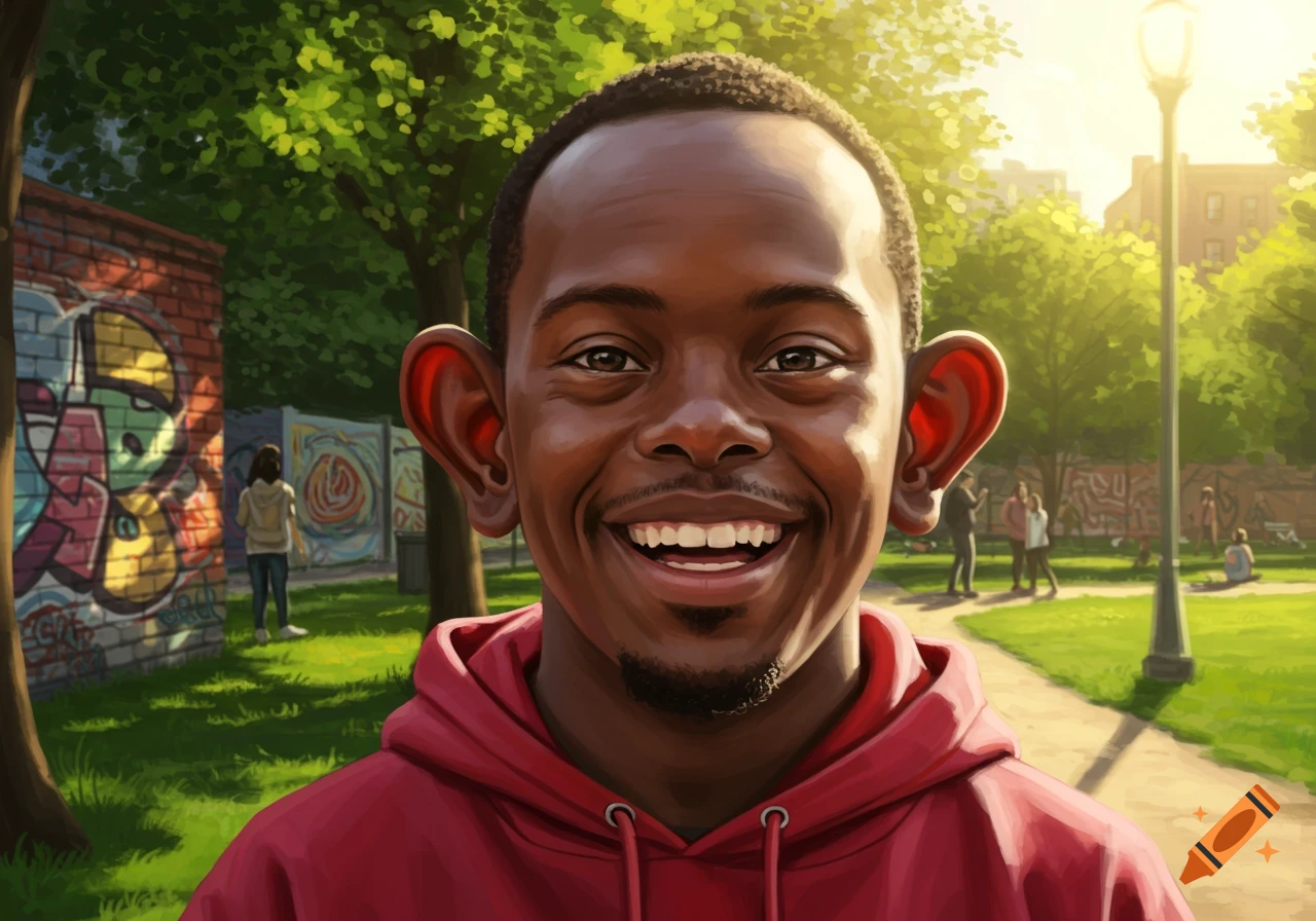 A smiling young Black man with large ears and a goatee, wearing a red hoodie, stands in a vibrant park with graffiti-covered walls and people in the background.