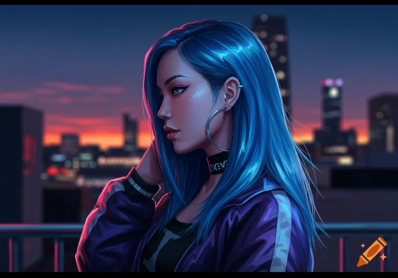 Digital art portrait of a girl with blue hair and a choker, standing on a rooftop at sunset, with a city skyline in the background.
