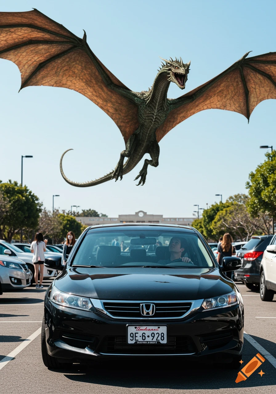 A guy in a black Honda Accord looks up at a green dragon flying low over his car in a sunny outdoor parking lot.