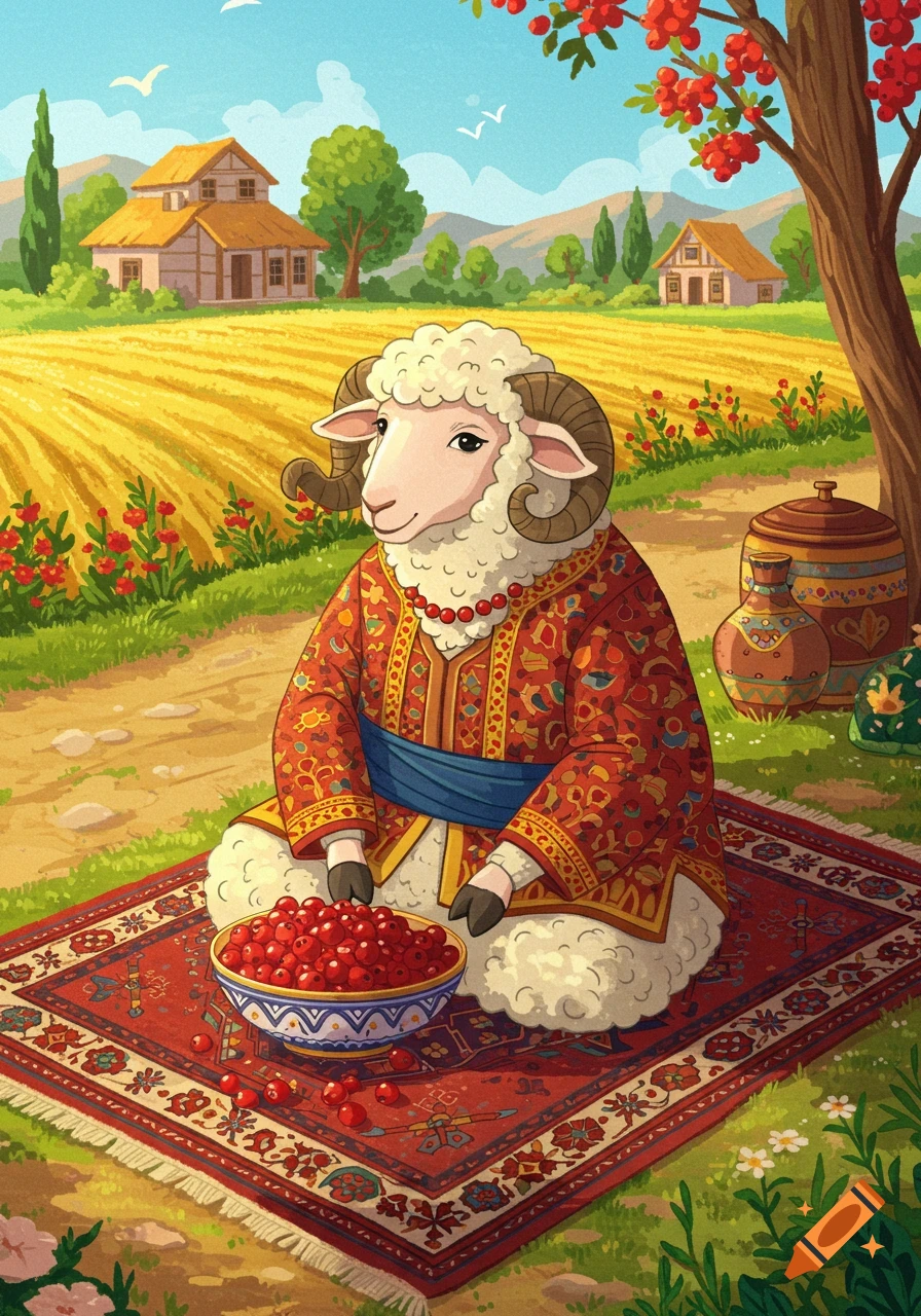 Cartoon illustration of a wise sheep in traditional Iranian clothing sitting on a Persian rug, eating red barberries, with a village background.