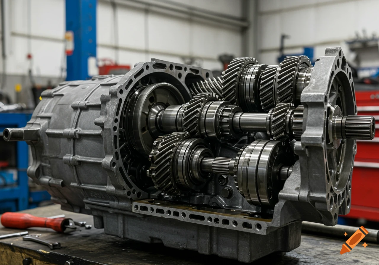 Photorealistic close-up of a disassembled vehicle transmission showing internal gears and shafts in a workshop.