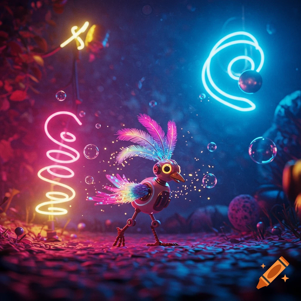 A whimsical robot bird with colorful feathers stands on a glowing forest floor surrounded by neon lights and bubbles.