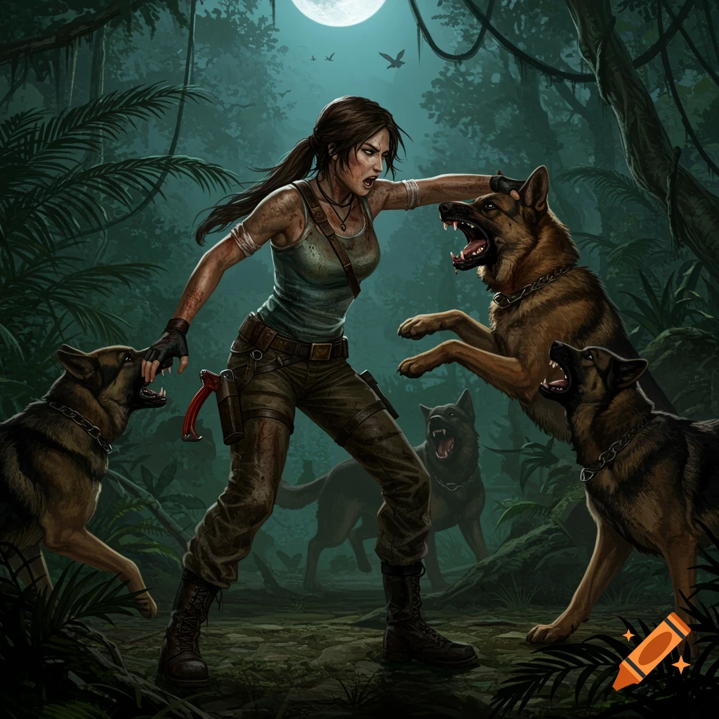 Lara Croft, a fierce female adventurer, fights off aggressive German Shepherds in a dark, moonlit jungle, stylized illustration.