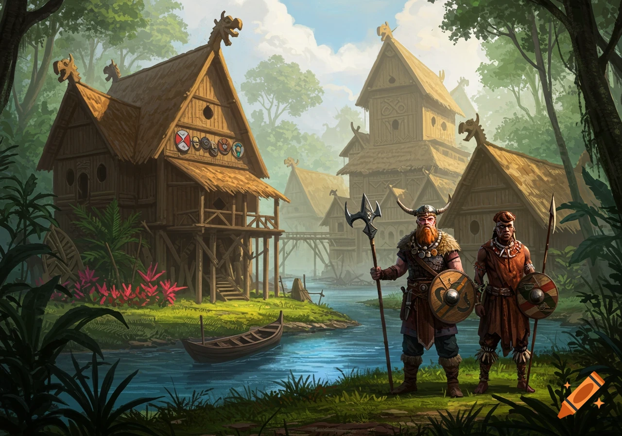 Two warriors with shields and spears stand by a river, in front of a village of wooden stilt houses with dragon carvings in a lush jungle.