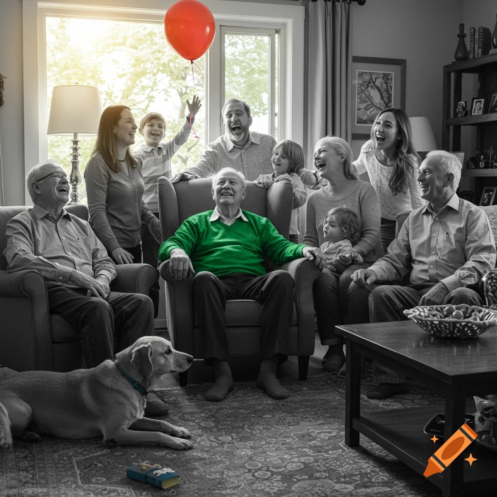 A happy family gathering in a living room, mostly in black and white, with a red balloon and a man's green sweater in color, also features a dog laying on the rug.