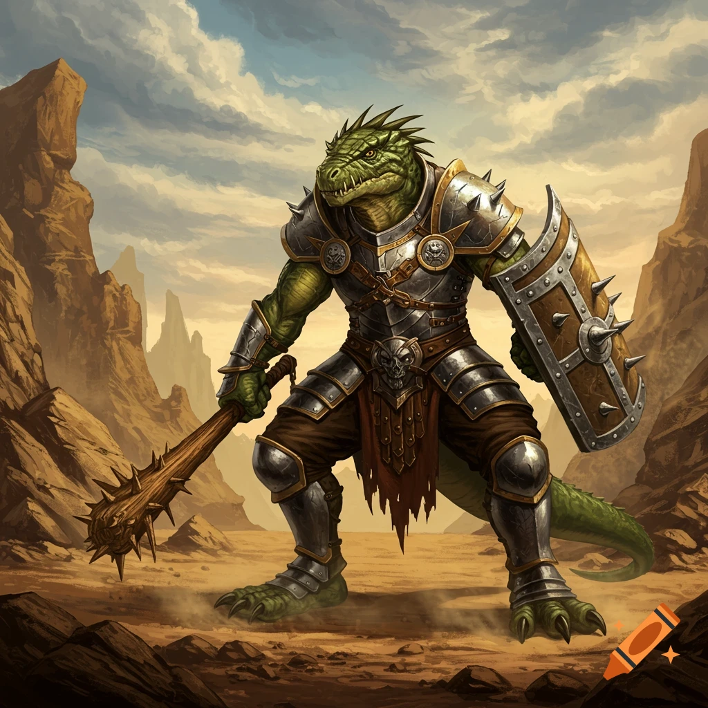 A formidable lizardman warrior in half-plate armor stands with a spiked club and shield in a rocky desert.
