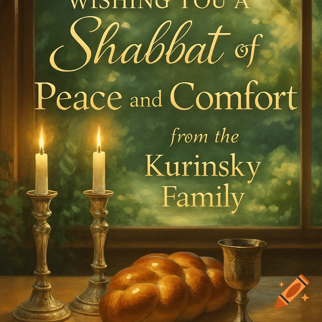 A Shabbat greeting with two lit candles in ornate candle holders, a challah bread, and a kiddush cup on a table in front of a window.