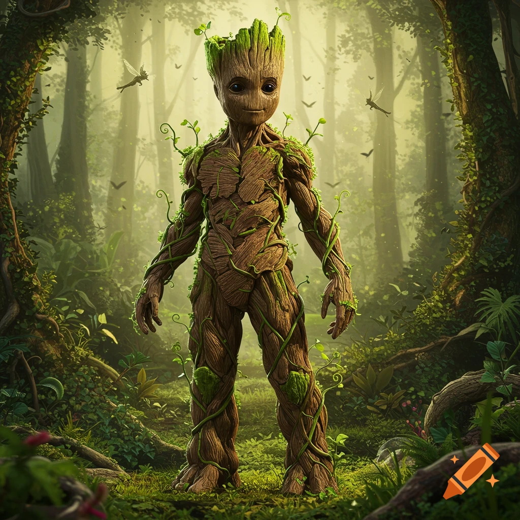 Detailed illustration of Groot standing in a lush, green forest with vines and birds.