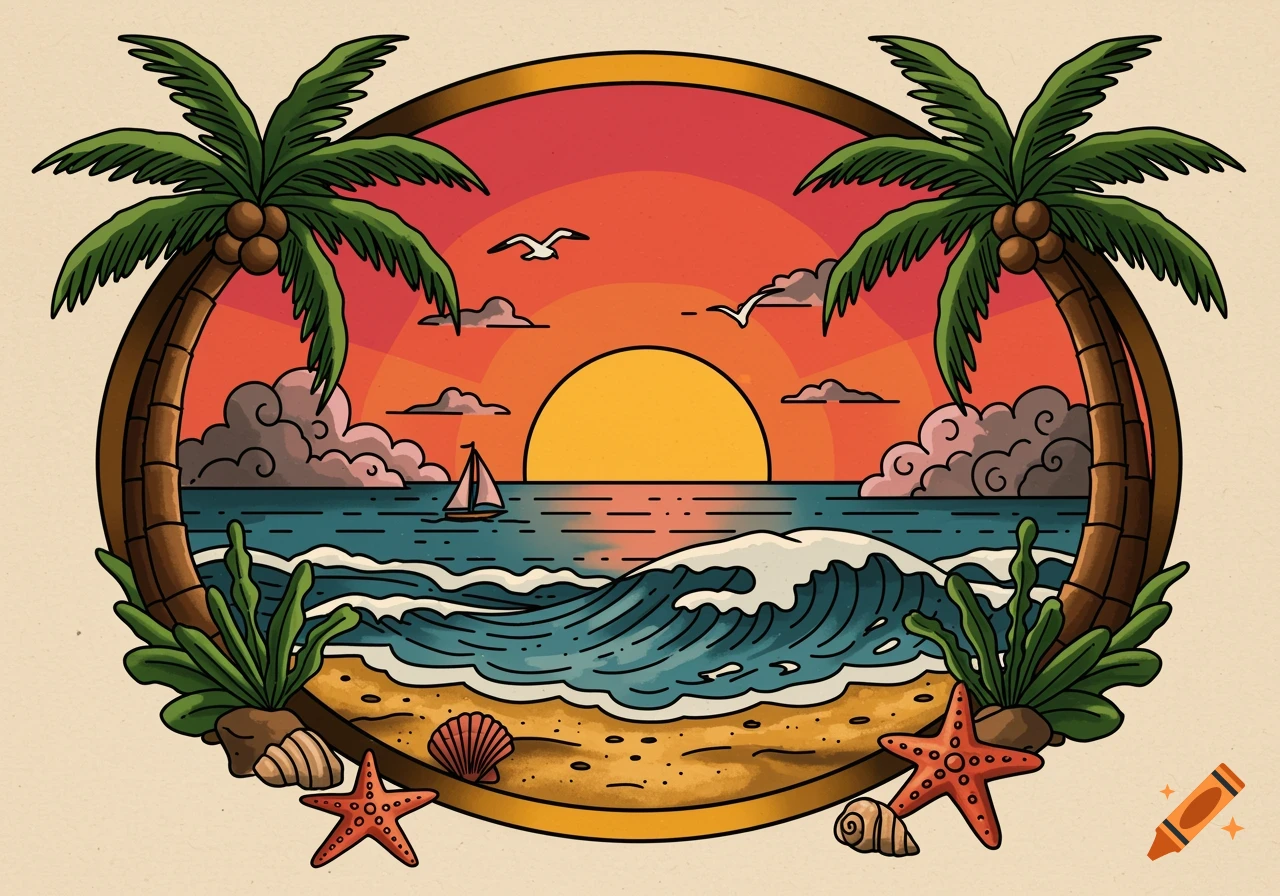 Traditional tattoo style beach landscape in a circular frame with palm trees, a sunset, waves, a sailboat, starfish, and seashells.