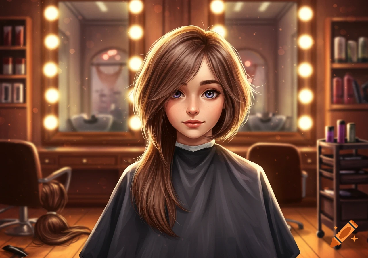 Digital art portrait of a girl with long brown hair in a salon cape, with cut hair on the floor, in a beauty salon.