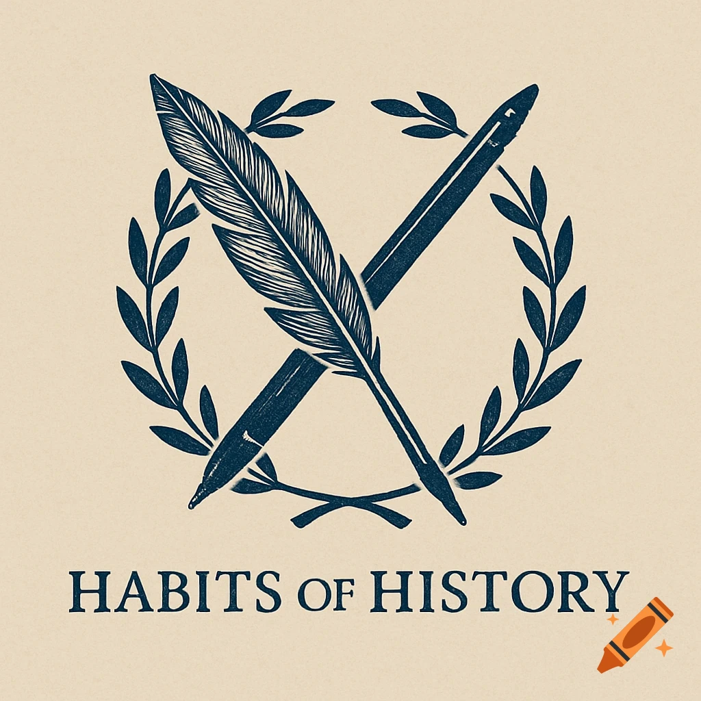 A logo with a crossed quill and modern pen within a laurel wreath, with 'HABITS OF HISTORY' text below, in a vintage illustration style.