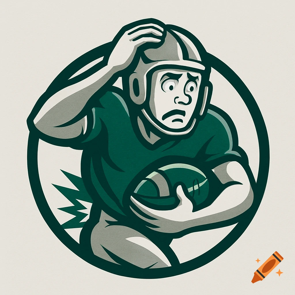 Cartoon logo of a confused football player in a green jersey and helmet, holding a football within a circular border.