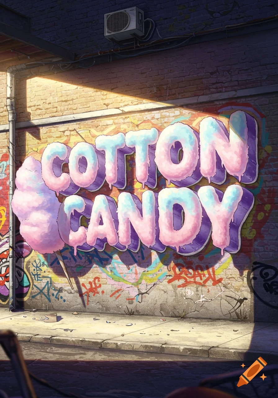 Cotton Candy graffiti on a brick wall in an urban alley, with light shining from above.