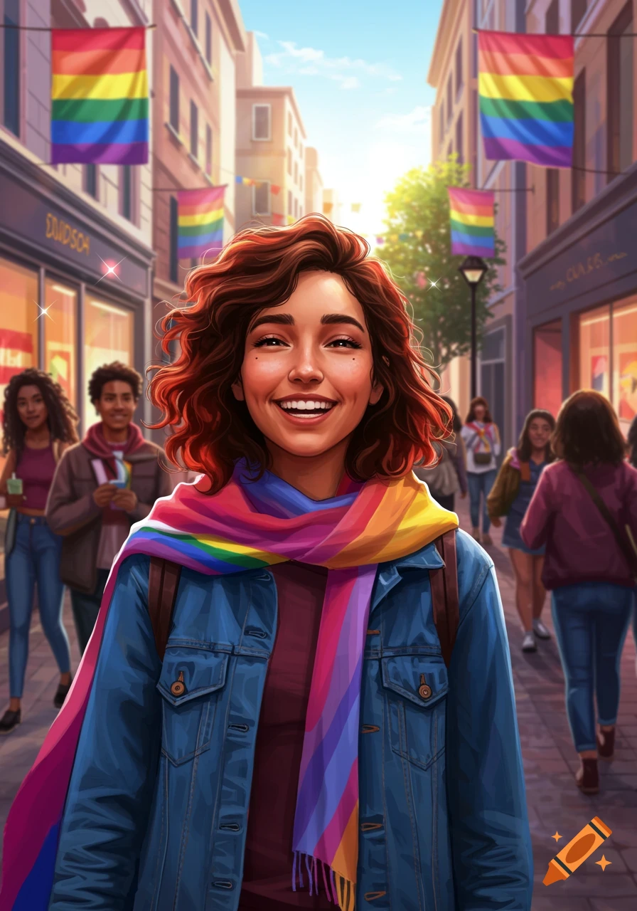 A smiling young woman with curly red hair and a rainbow scarf walks down a vibrant city street lined with rainbow flags and other people, in an illustrated style.