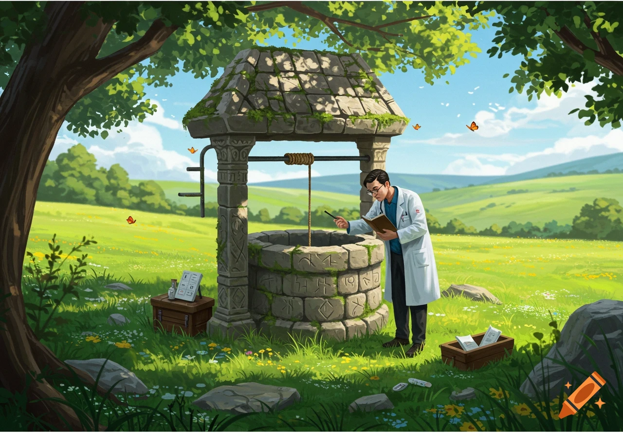 An illustration of a doctor in a lab coat examining an old stone well in a vibrant green field under a sunny sky.