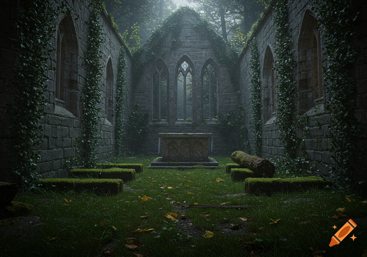 A ruined stone chapel overgrown with ivy and moss in a dark forest, lit by ethereal light. A stone altar stands at the front.