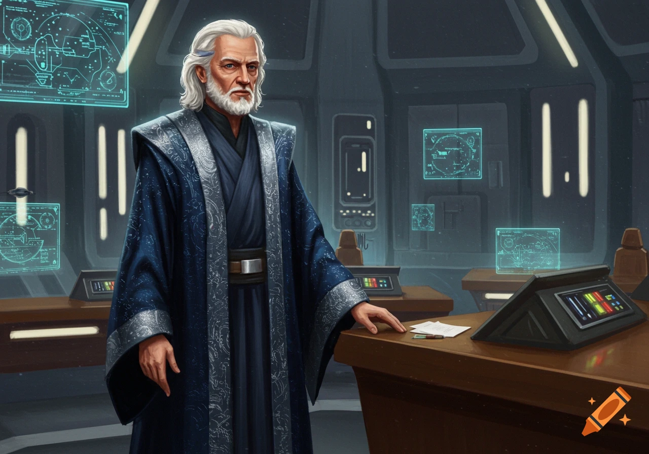 An elderly man with white hair and beard, dressed in blue robes, stands in a futuristic control room with holographic screens.