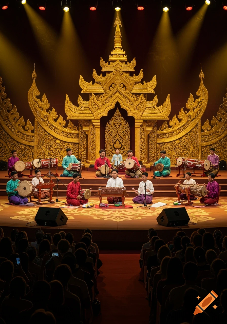 Traditional Myanmar orchestra performing on a grand stage with golden Burmese decor, watched by an audience.
