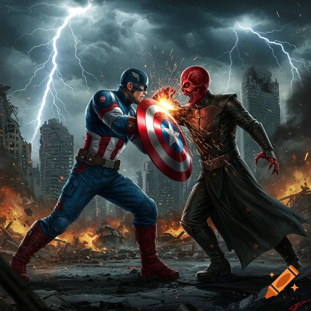 Captain America battles Red Skull amidst a destroyed city under a stormy sky with lightning.