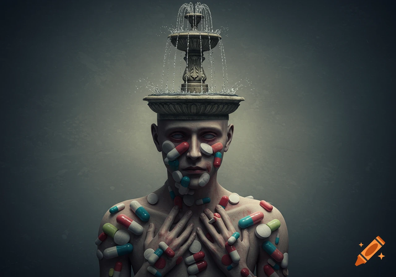 A bald man with pale skin, covered in colorful pills, stands with a multi-tiered water fountain atop his head. His hands are clasped over his chest. The background is a dark, textured gray.