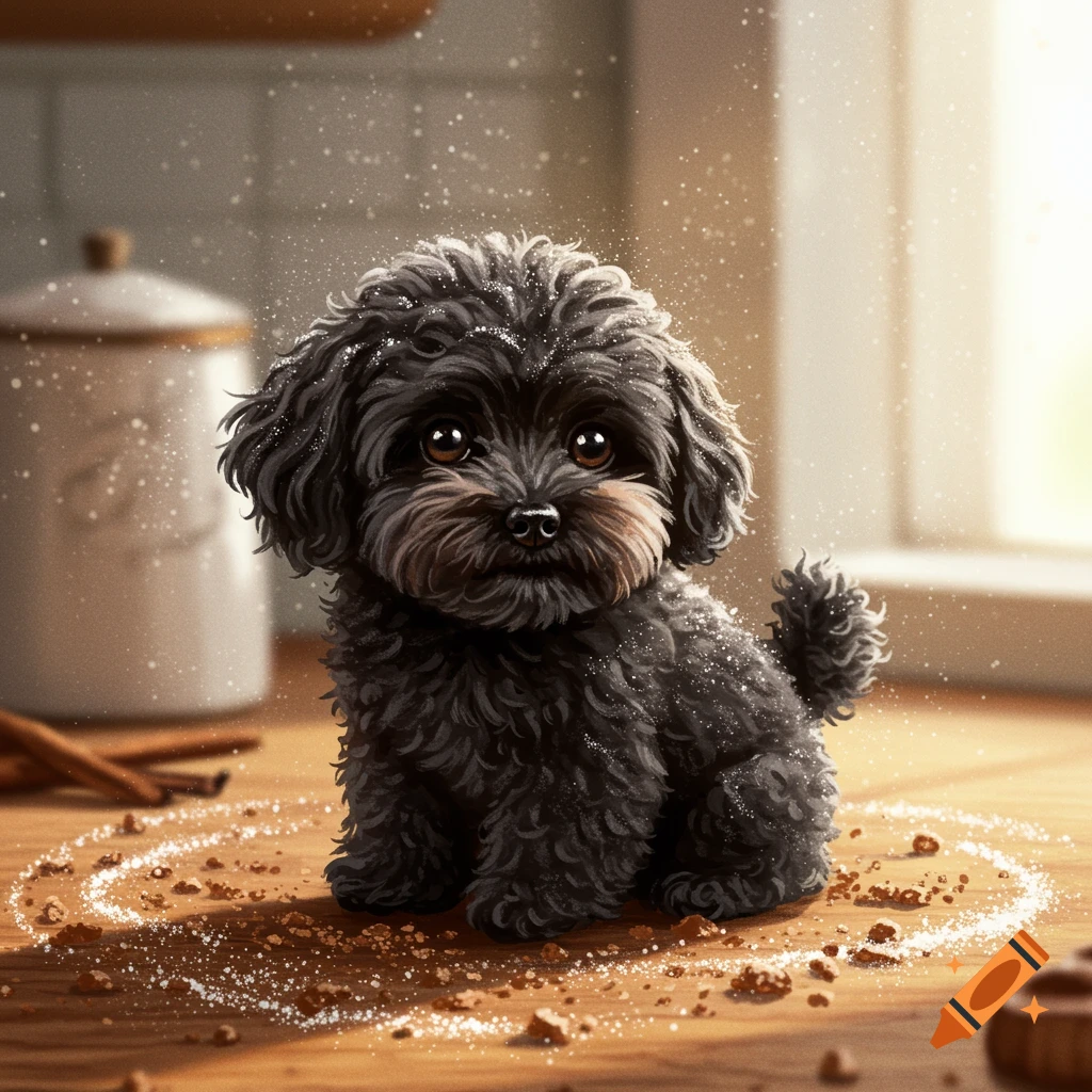 A fluffy black puppy sits on a wooden counter covered in powdered sugar and chocolate crumbs, with cinnamon sticks nearby.