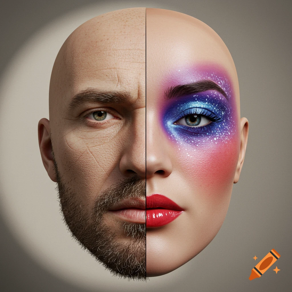 Photorealistic close-up of a bald face split vertically, left half male, right half female with colorful makeup.