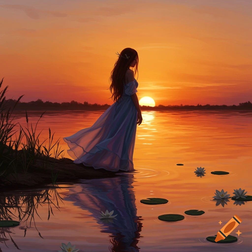 A digital painting of a woman in a flowing dress standing by a lake at sunset, with lily pads on the water.