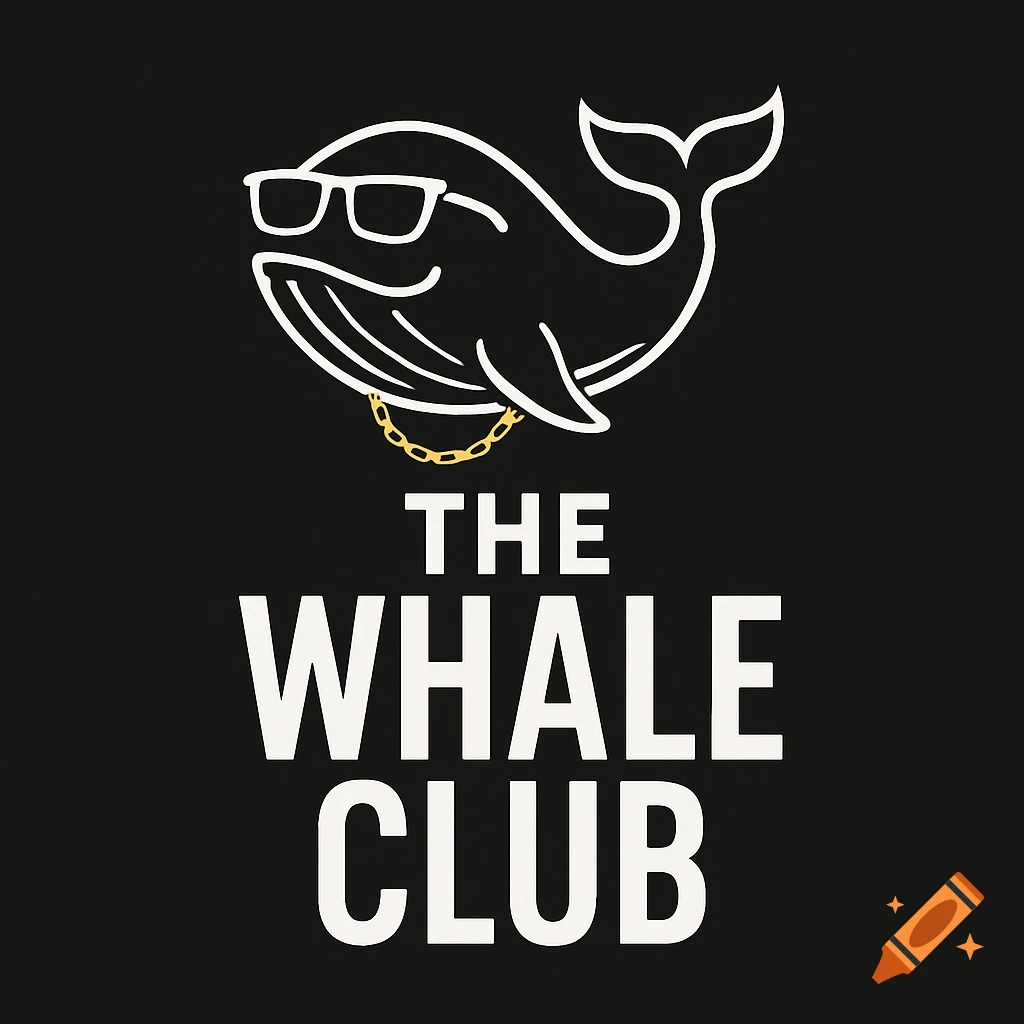 Minimalist white line-art whale with sunglasses and a gold chain above bold text 'THE WHALE CLUB' on black background.