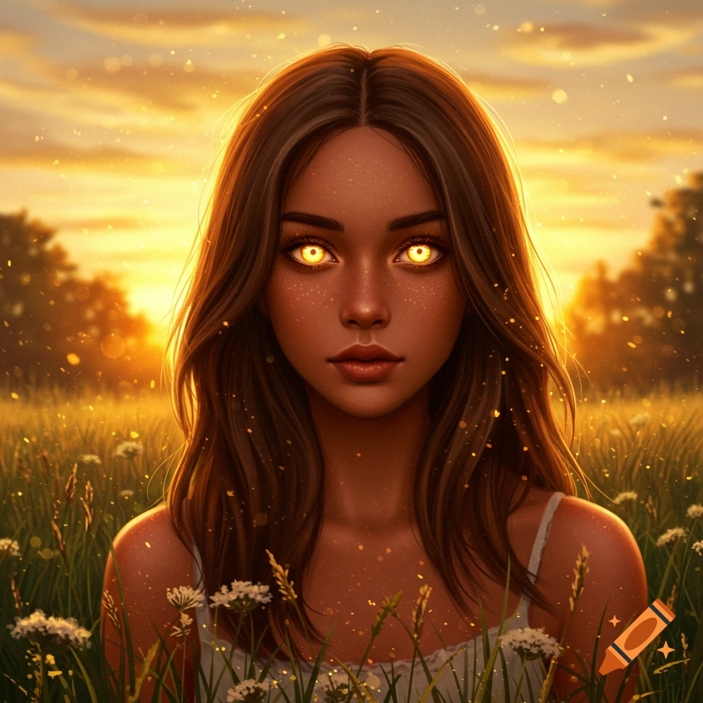 Digital art portrait of a girl with long brown hair, glowing golden eyes, and freckles, standing in a golden sunlit field.