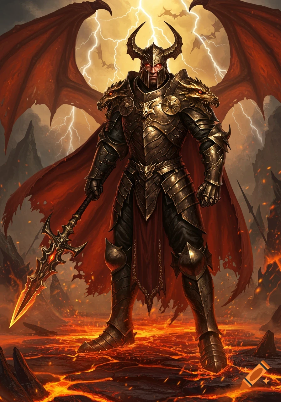 A horned warrior in golden and black armor with red dragon wings stands on a lava landscape with lightning.