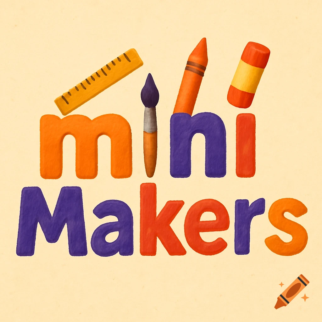 A colorful logo with "Mini Makers" in 3D block letters (orange, purple, red) with a textured, painted effect. A ruler, paintbrush, crayon, and glue stick are integrated with the text.