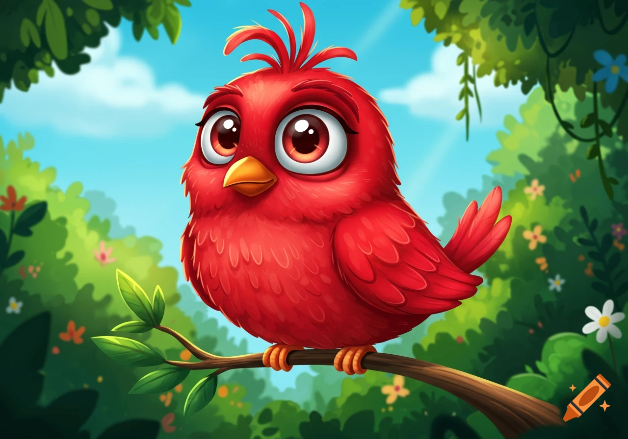 A vibrant red cartoon bird with large eyes perched on a tree branch in a  lush green forest. on Craiyon, image size:1280x896