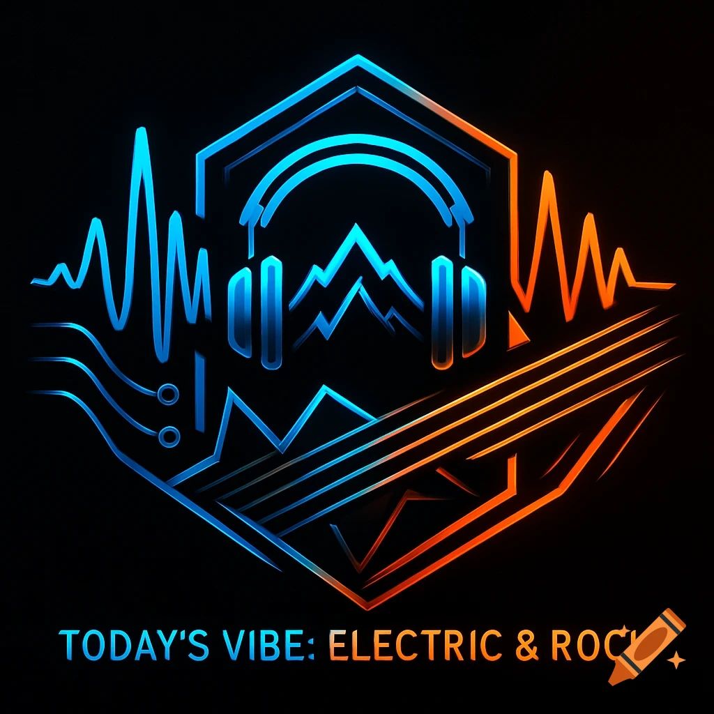 A neon logo featuring blue and orange light-lines forming a hexagon with headphones and sound waves, above text "TODAY'S VIBE: ELECTRIC & ROCK".