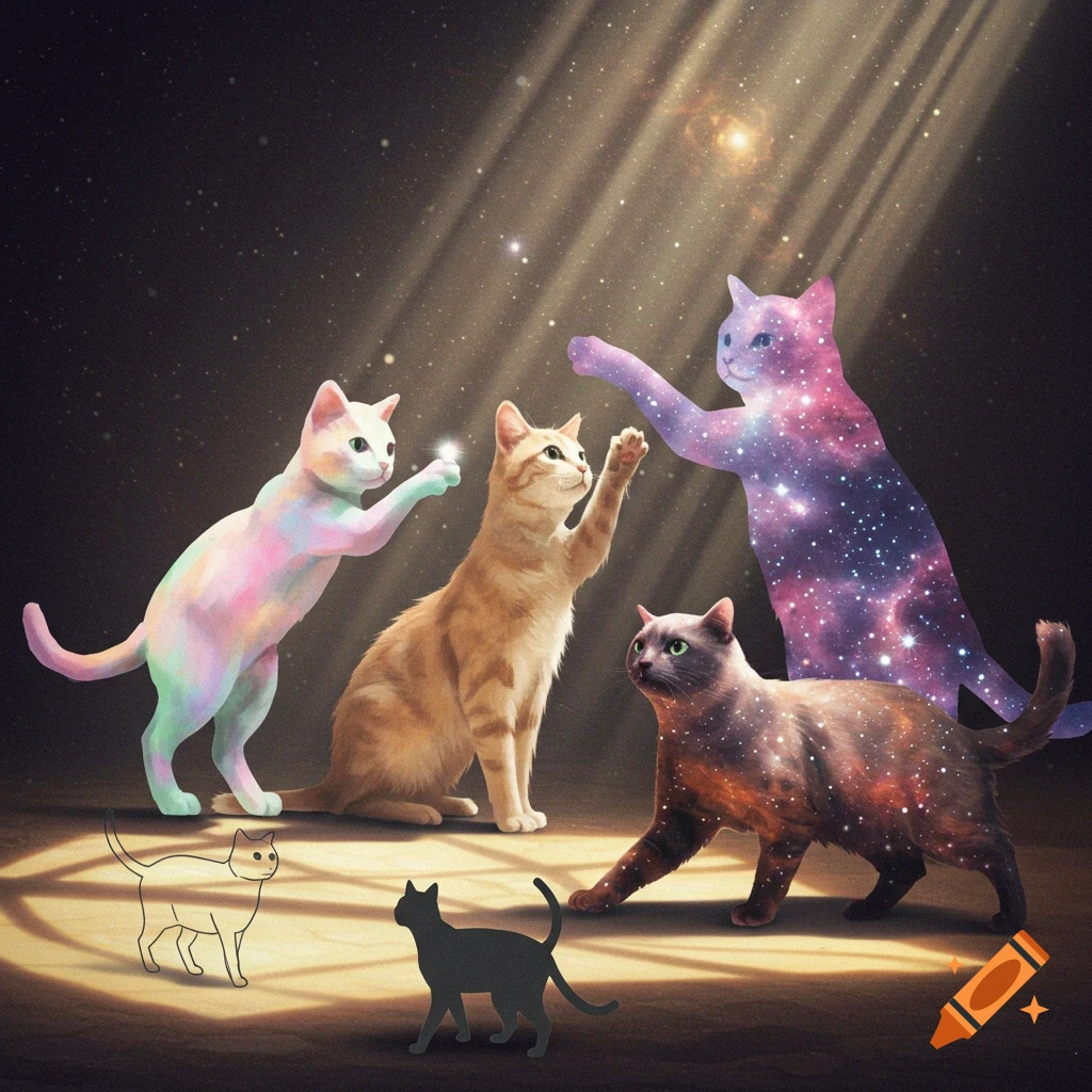 Four stylized cats, including rainbow and galaxy patterns, interact under starry light rays, with two cat silhouettes on the ground.