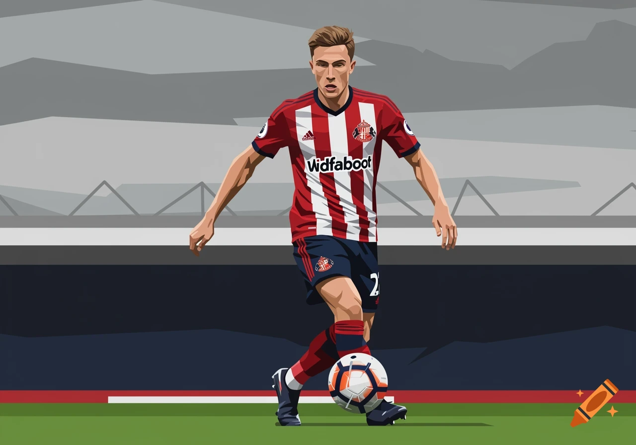 Vector illustration of a male Sunderland football player in a red and white striped jersey, dribbling a ball on a green field.