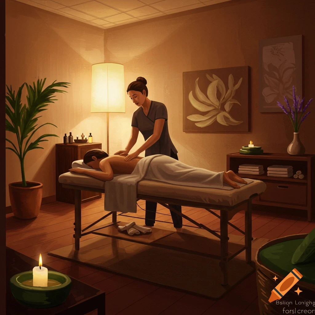 An illustration of a person receiving a back massage in a warmly lit spa room with plants and candles.