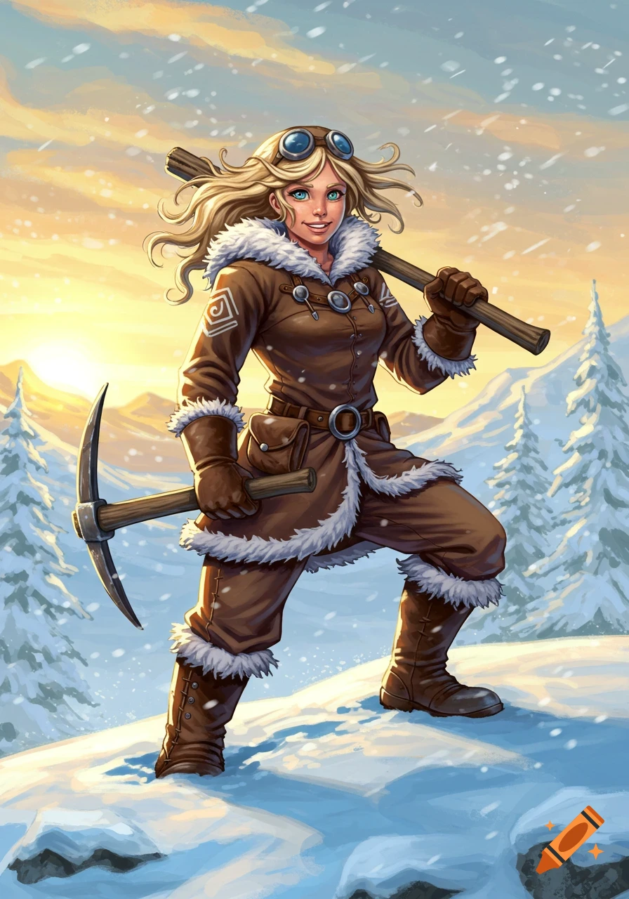 A female adventurer with blonde hair and goggles, wearing a fur-lined brown coat, stands in a snowy mountain landscape at sunrise, holding an ice pick.
