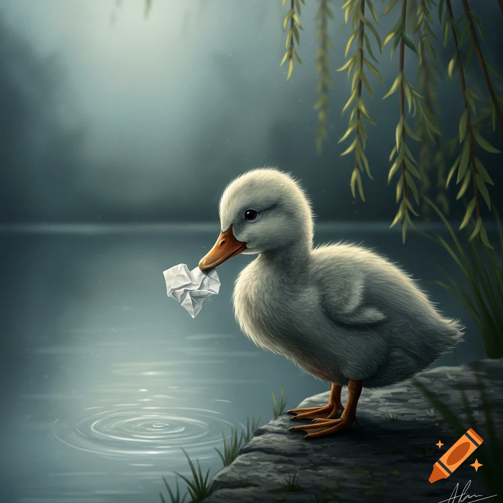 A fluffy white duckling stands on a rock by water, holding a crumpled white paper in its beak, under willow branches.