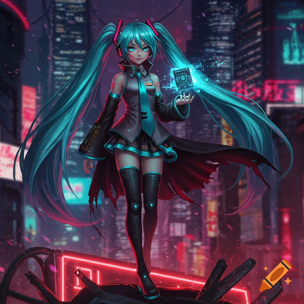 A vibrant anime-style image of Hatsune Miku holding a glowing cube in a neon-lit cyberpunk city at night.