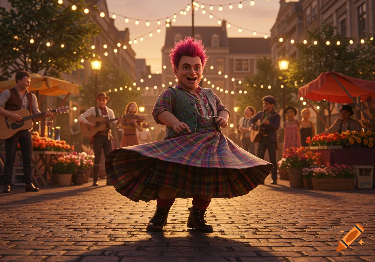 A smiling man with pink spiky hair and a colorful kilt dances on a cobblestone street at an evening festival with string lights and musicians.
