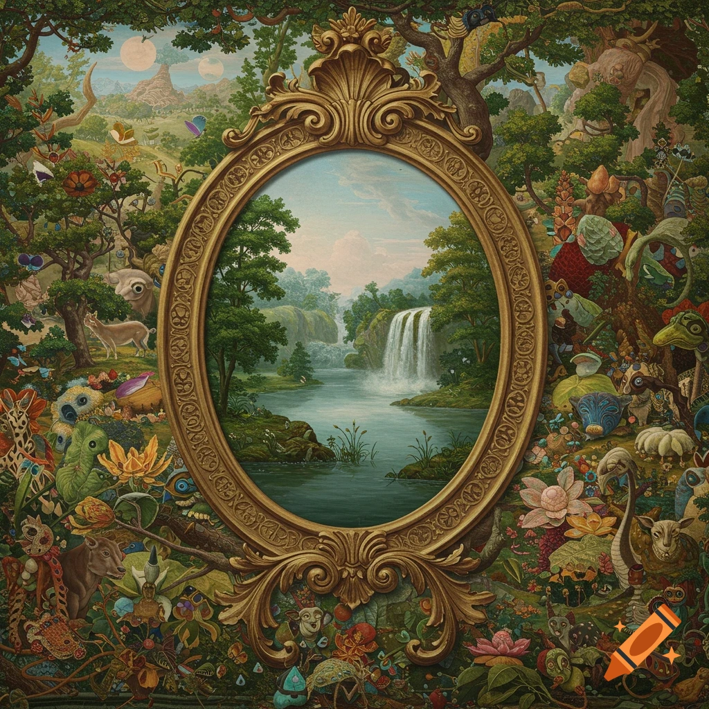 An ornate gold oval frame depicts a serene lake with a waterfall, surrounded by a vibrant, surreal forest filled with hidden, fantastical creatures.