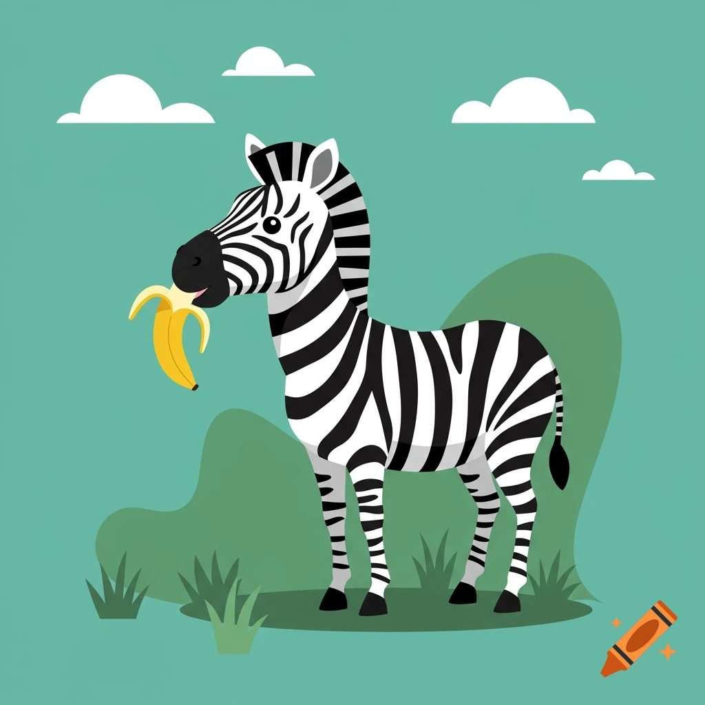 A cartoon zebra with black and white stripes eats a peeled banana in a green landscape with clouds.